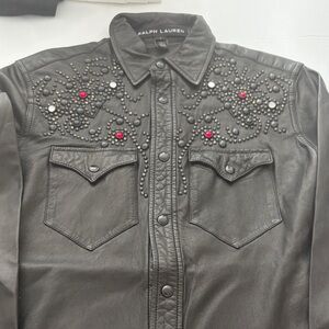 Ralph Lauren Black Leather Studded Button-Down Shirt with Red & Silver Accents
